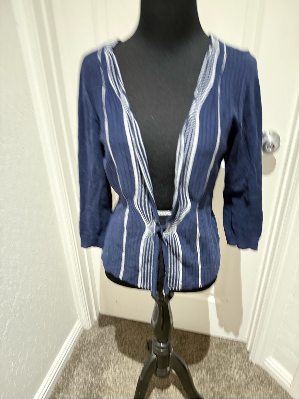 CAbi Navy and White Striped lightweight Cardigan
